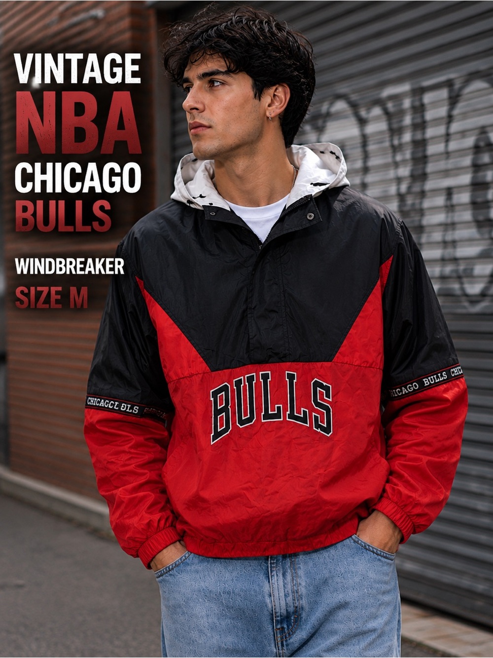 Vintage Chicago Bulls Pullover Windbreaker Jacket Hooded Red Black Size M